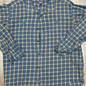 Patagonia Blue and Tan Plaid Button-Down Shirt